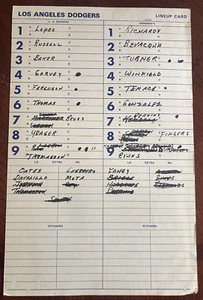 LOS ANGELES DODGERS/S.D. PADRES AUTH OFFICIAL DUGOUT LINEUP CARD GARVEY BAKER - Picture 1 of 1