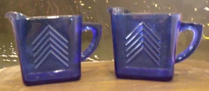 Vintage Hazel Atlas Cobalt Blue Creamer Pitcher Glass Chevron Art Deco *Set of 2 - Picture 1 of 2