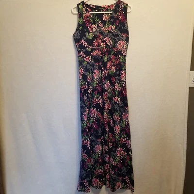 Lands’ End M Dress Maxi Sleeveless Burgundy Floral Stretch Cottagecore Preppy - Image 1 of 4