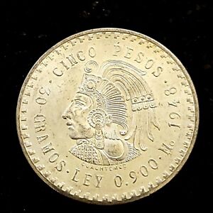 1948 Mexico CUAUHTEMOC CINCO 5 PESOS 30 Gramos  0.900 90% Silver 30g Coin 