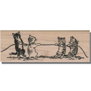 Cat Rubber Stamp, 4 CATS PLAYING, Kitty, Kittens, Cat, Cute Animal, Tug Of War - Picture 1 of 2