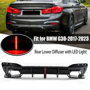 For BMW 2017~23 G30 530i 540i Sedan Gloss Black Rear Bumper Diffuser w/LED Light - Picture 1 of 14