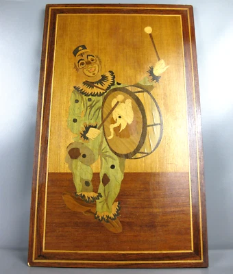 altes Intarsien Bild Clown mit Trommel Holz Kunst Handwerk 59x36cm - Bild 1 von 4