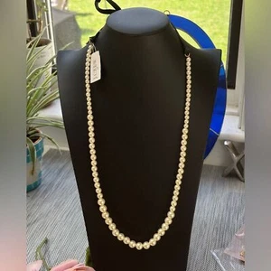 Extra Long J. Crew Classic Cream Pearl Necklace with black ribbon tie, NWT - Picture 1 of 7