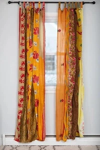 2 Pcs Indian Sari Patchwork Curtain Drape Window Decor Yellow Silk Sari Curtain - Picture 1 of 1