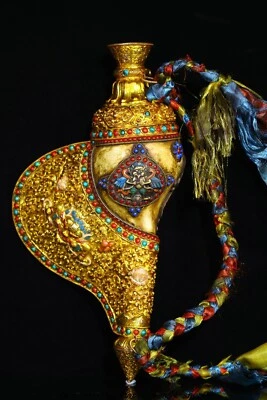 Old Tibet Copper Gilt inlay Shell Turquoise Dzi Beads Conch Shell Trumpet Horn - Image 1 of 4