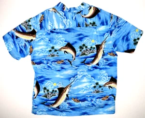 Vintage Hawaiian Shirt KY's Made Hawaii Size L 80s Big Marlin Blue Hawaiian - Picture 1 of 6