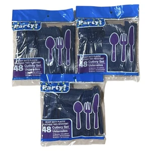 Navy Blue Plastic Utensils Part Cutlery Spoons Forks Knives 48 Piece Set 3 Pack - Picture 1 of 3