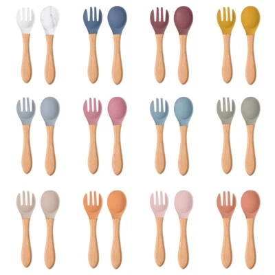 2pcs Kids Soft Silicone Feeding Wooden Handle Spoon Fork Grade Tableware - Image 1 of 4