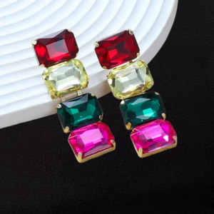 Women's Mixed Color Glass Rhinestone Squares Dangle Drop Earrings - Picture 1 of 3