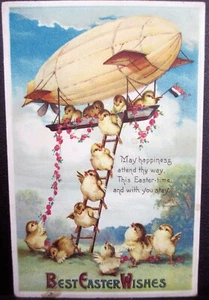 ANTIQUE 1911 EMBOSSED POSTCARD, EASTER CHICKS ARRIVING FOR EASTER BY AIRSHIP - Picture 1 of 5