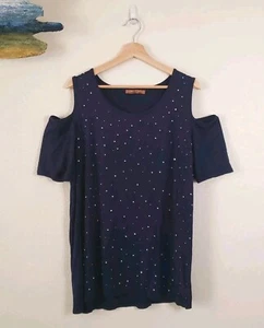 BELLDINI Rhinestone Embellished Navy Blue Cold Shoulder Blouse L Western Top - Picture 1 of 4