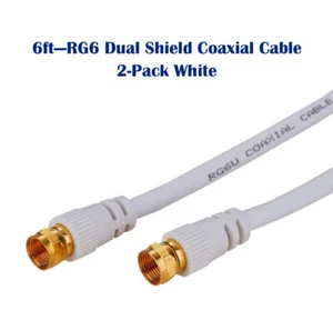 2-Pack -6ft White RG6 Dual Shield Coax Cable for TV Antenna Satellite Dish DVD - Picture 1 of 8