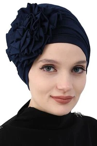 Instant Turban Cotton Scarf Head Wrap Scarfs For Women Hat Rose Detail Navy Blue - Picture 1 of 7