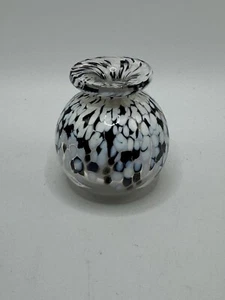 Miniature Vintage Studio Art Glass Blown Vase White Black Blue Signed BTM 11.90. - Picture 1 of 8