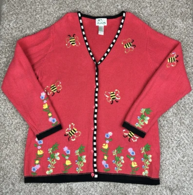 Quacker Factory Bumble Bee Flower Cottagecore Sweater Women Sz L Pink Coral EUC - Image 1 of 4