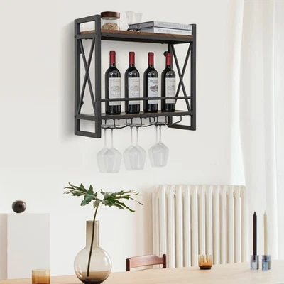 Estante de vino industrial montado en la pared de 2 niveles con soportes de vidrio para cocina Foto 1 de 4
