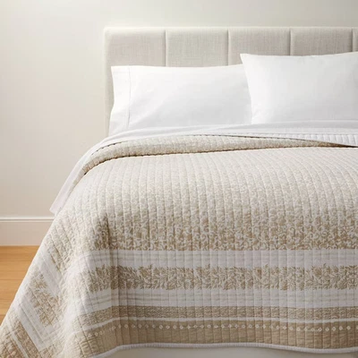 Edredón Floral Neutro Floral Borde Decorativo Completo Algodón Slub Madera Estampado Bloque - Foto 1 de 4