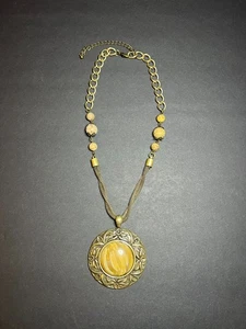 Vintage Boho Beaded Floral Ornate Polished Stone Statement Necklace 17 - 20" - Picture 1 of 6