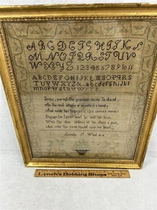 antique framed sampler Christian 15.5x18.5 cross stitch Lucralia Warden 19thc - Picture 1 of 11