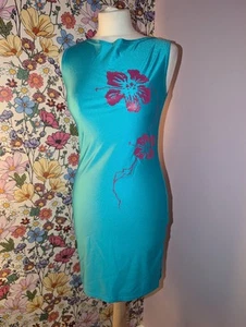 Vintage 90s Topshop Blue Mini Dress Floral Stretch Oriental Style Size 12 Fitted - Picture 1 of 6