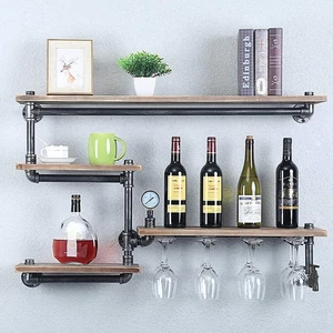 Rustic Metal Floating Bar Shelves Wall Mounted Industrial Pipe Shelf Wine Rack - Picture 1 of 8