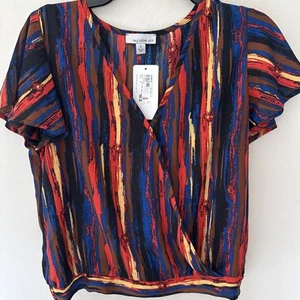 Evereve Allison Joy Blouse Women Small Veronica Surplice Top Rust Red Navy New - Picture 1 of 6