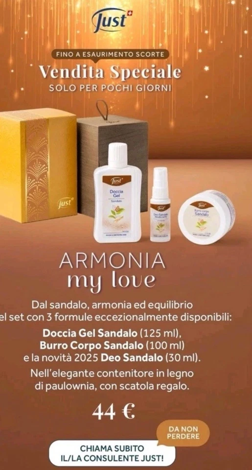 Set Con Detergente, Deodorante Spray E Burro Corpo Al Sandalo Con Scatola Just - Immagine 1 di 1