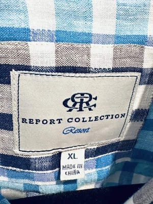 Report Collection 100% Linen Button Up Shirt Mens XL Blue Check EUC - Image 1 of 4