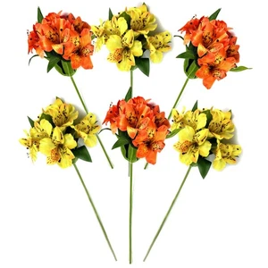 6 x Artificial Alstroemeria Flower Sprays 47cm Orange & Yellow - Faux Flowers - Picture 1 of 5
