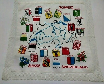 Pañuelo Turístico Suiza Vintage con Escudos de Ciudades Mapa Encaje Ribete   Foto 1 de 4