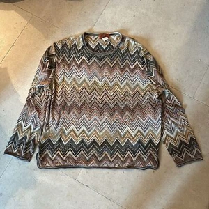 Missoni Knit Top XL Designer Long Sleeve Neutral Chevron Zig Zag Round Neck - Picture 1 of 7