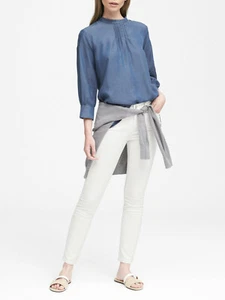 Banana Republic TENCEL Chambray Pintuck Bubble-Sleeve Top, Medium Wash, L, NWT - Picture 1 of 10