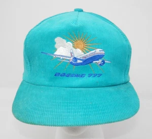 Boeing 777 Airplane Hat • Corduroy Teal Green Snapback Vintage Plane Cotton - Picture 1 of 10
