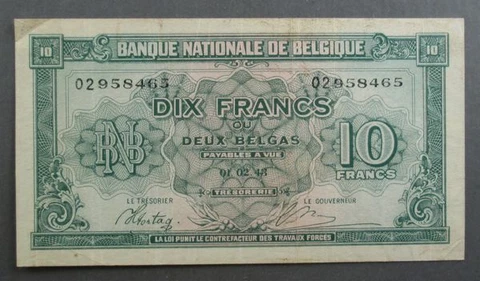 BELGIUM 10 Francs 2 Belgas Banknote Issued 1.2.1943 Kingdom in Exile P#122 ~5715 Cover