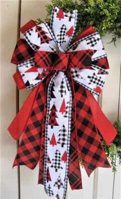 10 " BUFFALO CHECK, PLAID TREES, WIRED BOW for DOOR WREATH SWAG MAIL # 122 rb - Image 1 of 4