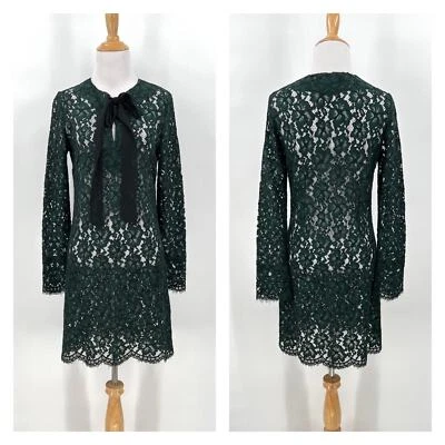 SANDRO Lace Dress Womens Small Green Long Sleeve Tie Neck Mini Sheath - Image 1 of 4