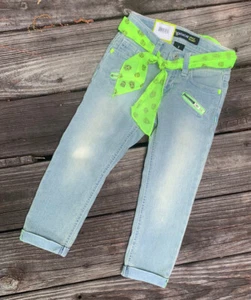 Denim Jeans Ankle Crop Capri Adjustable Waist Tie Sash Girls New - Picture 1 of 9