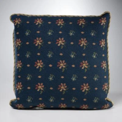 Needlepoint Navy Blue Pink Daisy Forget Me Not Floral Gift Throw Pillow 16"squ - Image 1 of 3