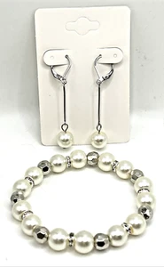 Glass Pearls Beaded 2pc Set: Dangle Leverback Earrings & 7" Stretch Bracelet - Picture 1 of 3