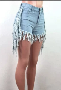 Women’s Sexy Vintage Tassel Bermuda Ripped High Waist Denim Jeans Shorts - Picture 1 of 5