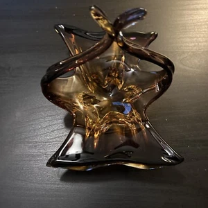 Art Glass Gold and Brown Handle Bowl 7x8 Star Bottom Candy Dish Statement pc - Picture 1 of 8