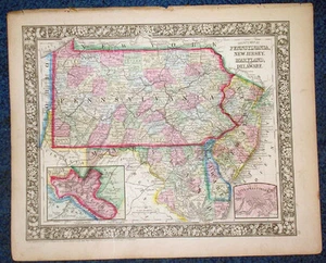 Origial 1860 Mitchell Map of Pennsylvania N J, Maryland, Delaware 12.5 X 15.25 - Picture 1 of 7