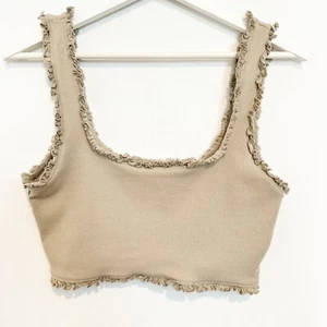 Zara Square Neck Ruffle Rib Cropped Summer Club Beachy Tank Top Beige Tan Large - Picture 1 of 5