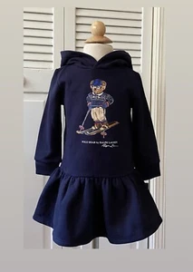 NWT, Girls Ralph Lauren Navy Hooded Sweatshirt Polo Bear Dress. Size 6X - Picture 1 of 1