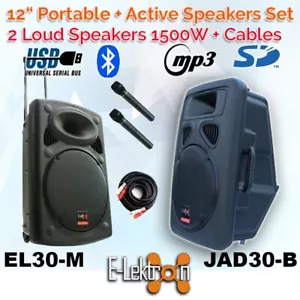 E-Lektron 2X12" inch 1500W Bluetooth Portable+Active Loud Speakers Sound System - Picture 1 of 13