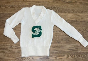 Damen Vintage Varsity 40er 50er 60er Cheerleader Letterman Pullover Elfenbein - Bild 1 von 8