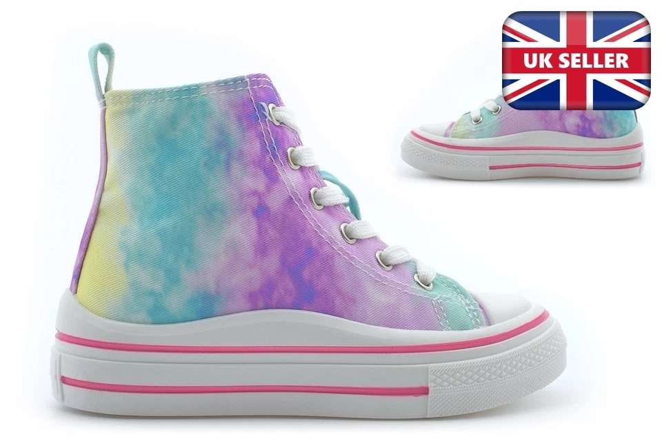 Girls Hi Top Shoes Girls Canvas Shoes Hi Tops Hi Top Pumps Girls Pumps Rainbow - Image 1 of 4