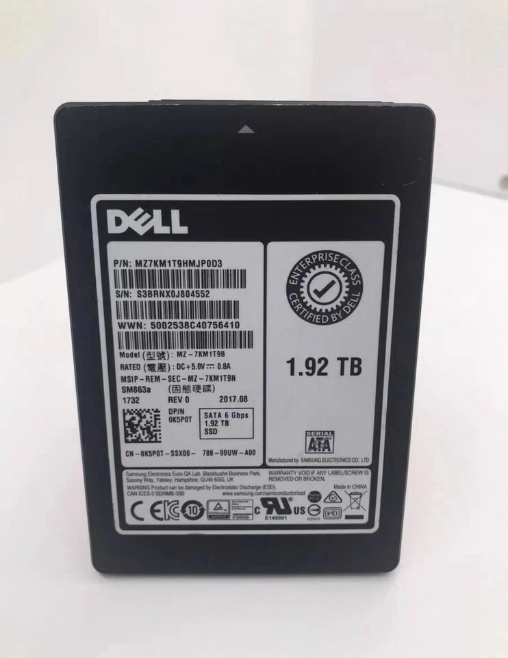 DELL Samsung SM863a 1.92TB SSD MZ-7KM1T9B SATA 6 Gbps MZ7KM1T9HMJP0D3 0K5P0T - Image 1 of 1