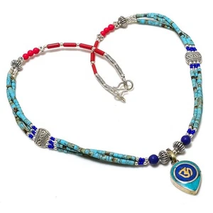 Natürlicher Tibetischer Türkis, Lapis Edelstein 925 Sterling Silber Halskette E131 - Bild 1 von 6